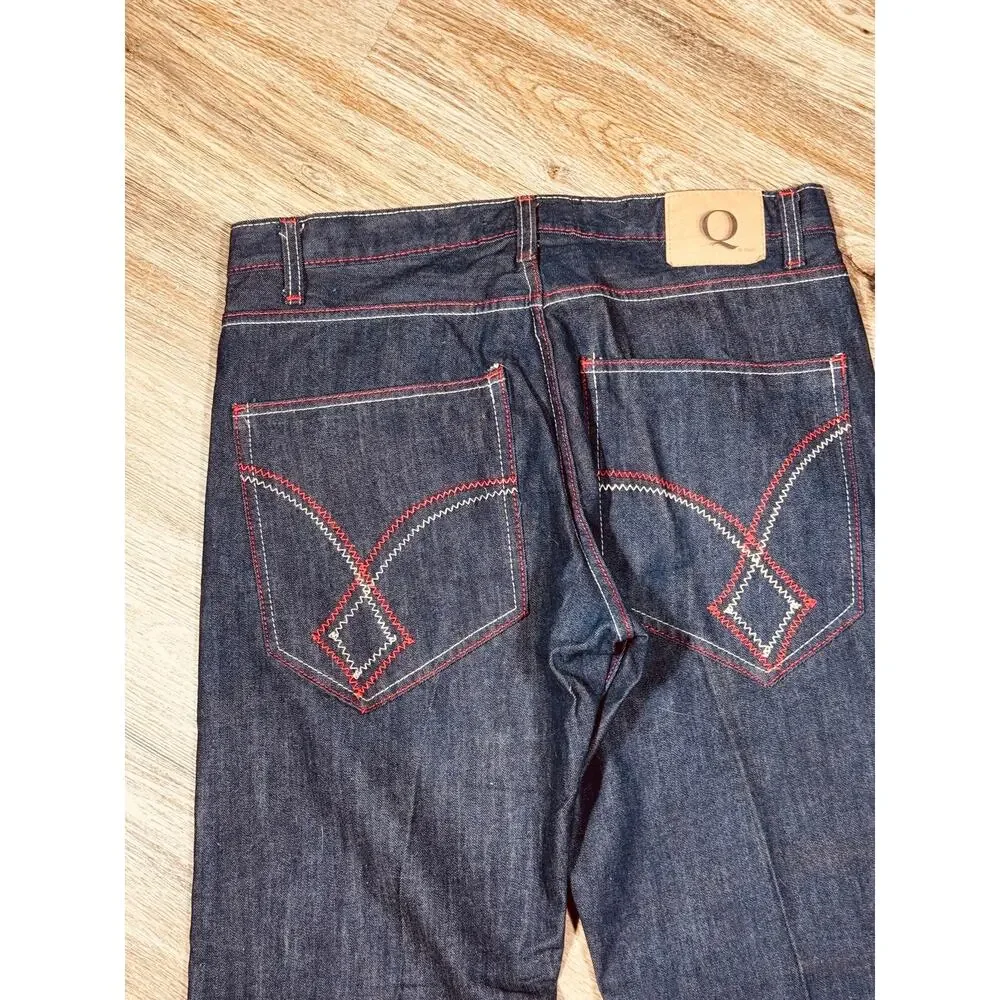 Q by Qruel Y2K Dark Wash Designer Jeans Red White Contrast Stitch  36x33